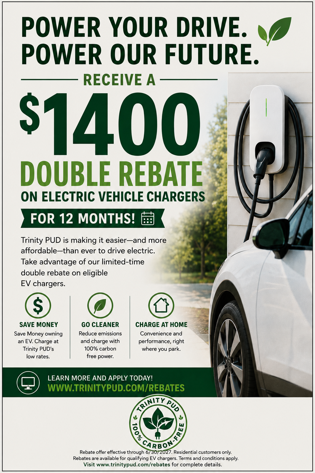 White EV plugged into wall charger. Trinity PUD flyer: $1400 double rebate on EV chargers. Valid through 6/30/2027.