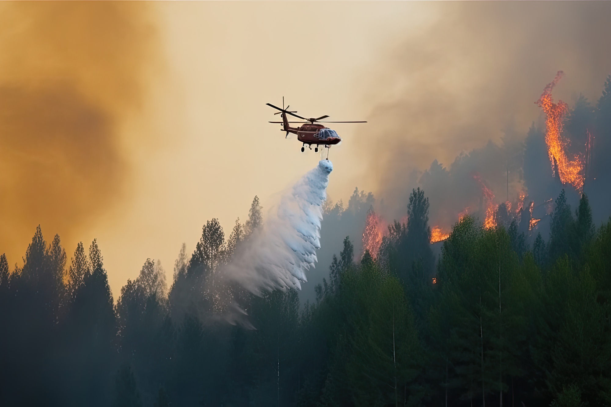 Forest fire being contained by helicopter crew
