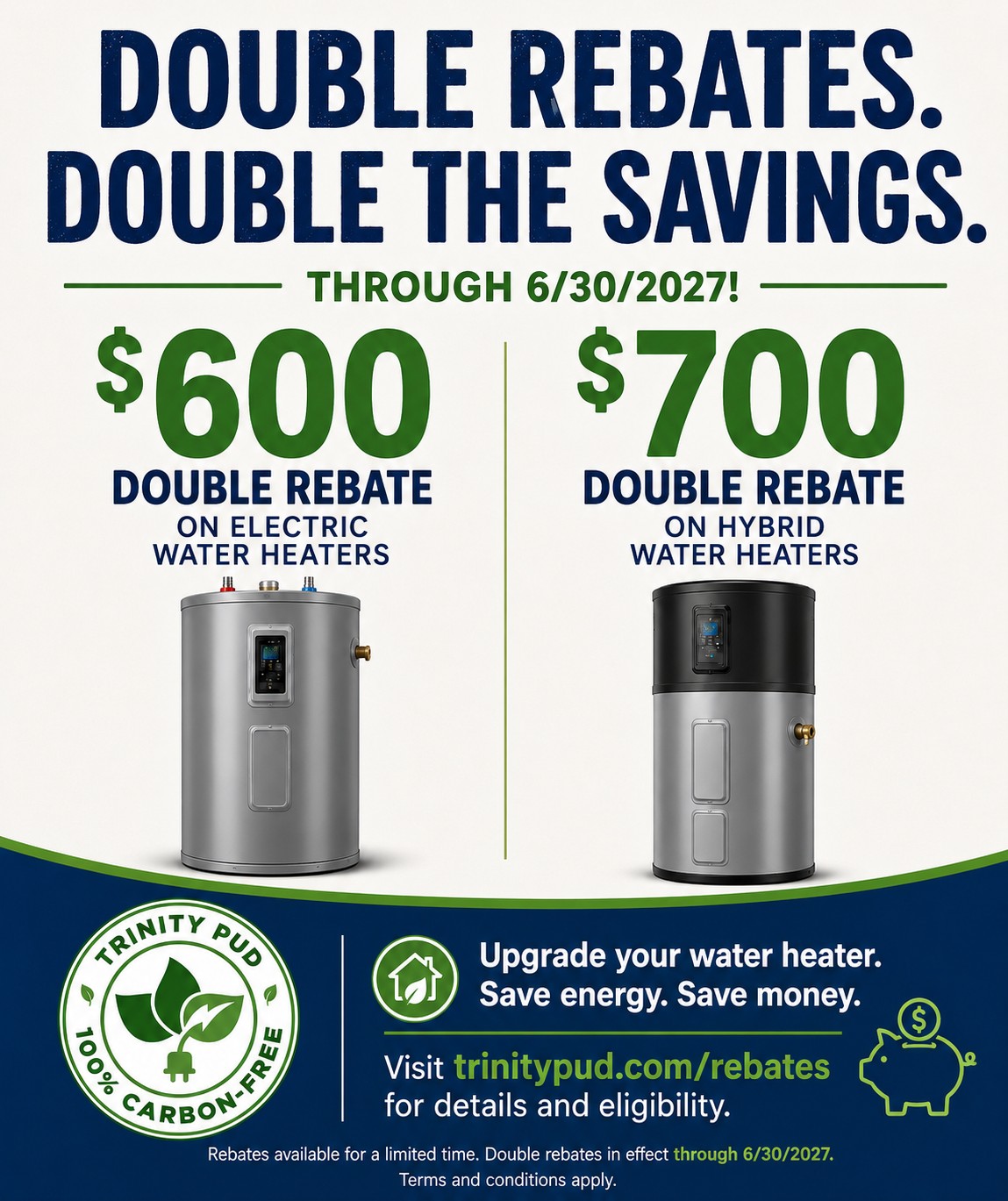 Trinity PUD promotional flyer: $600 rebate on electric water heaters, $700 on hybrid models. Valid through 6/30/2027.